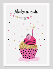 Bright birthday card in flat cartoon style. Cute vector illustration template.