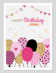 Bright birthday card flat cartoon style. Cute vector illustration template with balloons.