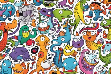 Cartoon cute doodles of playful animals and whimsical characters forming a delightful kids' seamless pattern, Generative AI