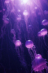 Abstract background wallpaper. Purple jellyfish in the water. Concept of underwater world and ocean life.