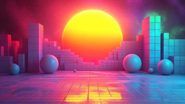 Fondo atardecer render objetos geom&eacute;tricos