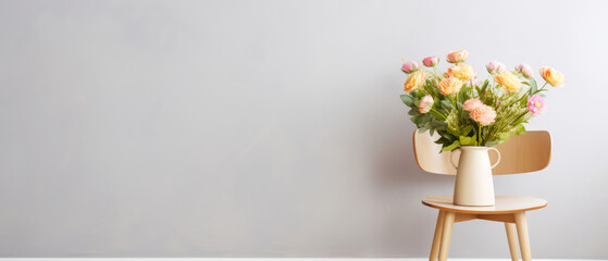 Mockup with empty space and vase with flowers. Still life composition. Spring time floral composition. Copy space. Generative AI - obrazy, fototapety, plakaty