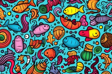 Cartoon cute doodles featuring a doodle set of underwater creatures, fish, and seashells in a playful and aquatic kids' seamless design, Generative AI
