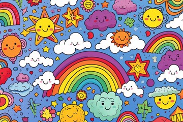 Fototapeta na wymiar Cartoon cute doodles featuring doodle sets of smiling suns, clouds, and rainbows in a charming and colorful seamless design, Generative AI