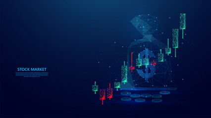 stock market trading profit illustration on coin bag and stock growth candlestick. blue low poly style futuristic background. vector illustration.