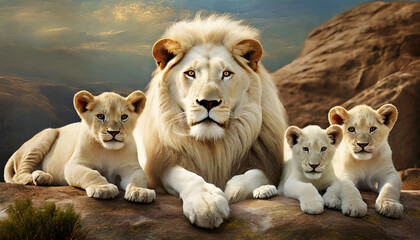 Close-up of a white lion with three cubs looking at camera. Generative Ai.