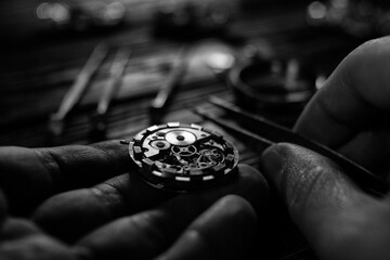 Watchmaker workshop. Mechanical watch repair process