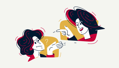 Couple of young people having conversation online via messenger, vector illustration of two people arguing and having communication, debate online speech boxes.