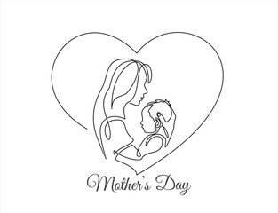 Happy Mother day card. Continuous one line drawing. Woman hold her baby. Vector illustration	