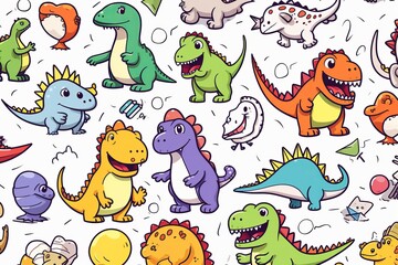 Cartoon cute doodles illustrating a doodle set of playful dinosaurs, creating an adventurous and fun kids' seamless design, Generative AI