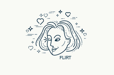 Emotion of flirt concept, vector drawing of a woman face displays positive and courage, emblem or logo look-like drawing.