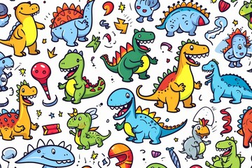 Naklejka premium Cartoon cute doodles illustrating a doodle set of playful dinosaurs, creating an adventurous and fun kids' seamless design, Generative AI