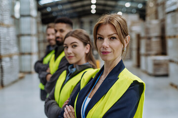 Full team of warehouse employees standing in warehouse. Team of workers in reflective clothing in...
