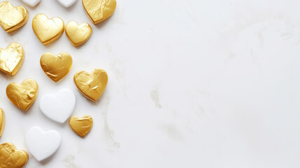Aesthetic white and gold hearts on light background. Minimalist love concept. Copy space. Generative AI