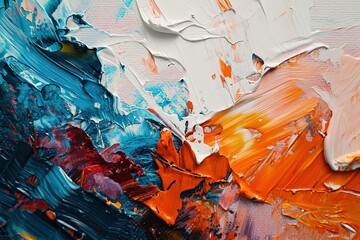 A vibrant abstract artwork with bold strokes of orange, red and blue paint on a textured white...