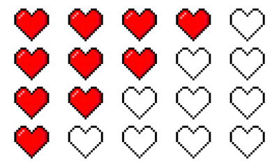 Pixel game life bar. Vector art 8 bit health heart bar. Gaming controller, symbols set. © Bogdan