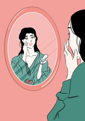 Woman Standing Before Mirror, Applying Moisturizer