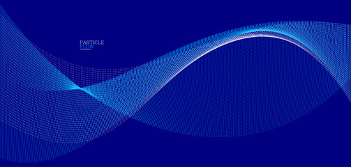 Dark blue abstract background, vector wave of flowing particles, curvy lines of dots in motion, technology and science theme, airy and ease futuristic illustration.