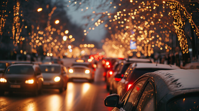 Traffic jams on the road in winter, winter holidays. Photorealistic, background with bokeh effect. 