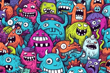 Cartoon cute doodles of kid-friendly monsters and aliens in a whimsical and imaginative seamless pattern, Generative AI