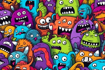 Cartoon cute doodles of kid-friendly monsters and aliens in a whimsical and imaginative seamless pattern, Generative AI - obrazy, fototapety, plakaty