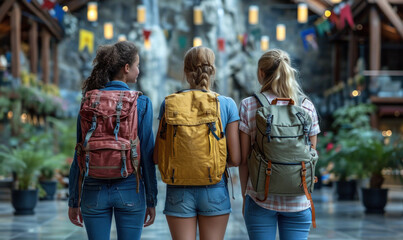 Young Students with Backpacks Gazing at World Landmarks, Symbolizing Study Abroad and International Education Programs for Cultural Exchange