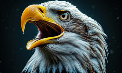 Majestic bald eagle portrait with open beak against a dark background, showcasing the fierce beauty and strength of this iconic bird of prey - obrazy, fototapety, plakaty