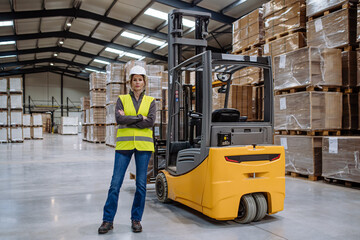 Female forklift driver standing by forklift. Warehouse worker preparing products for shipmennt,...