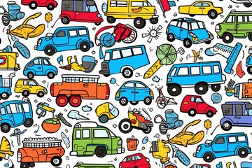 Cartoon cute doodles of kid-friendly vehicles, including cars, buses, and bicycles, creating a lively and fun seamless pattern, Generative AI