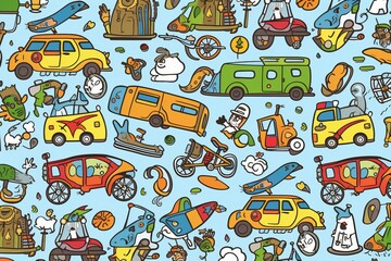 Obraz na płótnie Canvas Cartoon cute doodles of kid-friendly vehicles, including cars, buses, and bicycles, creating a lively and fun seamless pattern, Generative AI