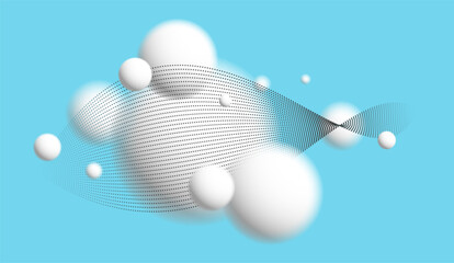 Light and soft 3D defocused spheres with particles wave flow vector abstract background over blue, relaxing ambient white balls in levitation, atmospheric wallpaper.