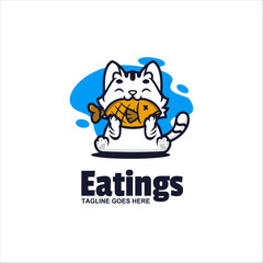 Illustration Vector Cat Eating Mascot Cartoon Logo Style.