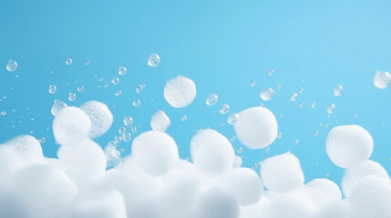 Detergent foam bubble on blue background. Soap, shower gel, shampoo foam texture. Copy space. Generative AI