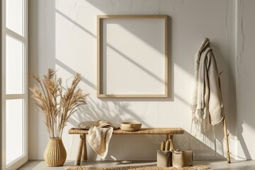 Neutral Boho Entryway: Empty Wall Mockup with Wicker Decor and Natural Daylight