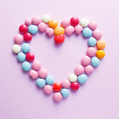 Colorful gumballs arranged in a heart shape on a pastel pink background, representing playful love and fun