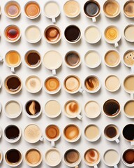 Top-down view of numerous coffee cups featuring various shades and textures of coffee