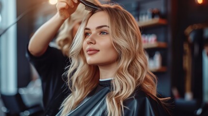 woman undergoing a transformation at the hairdresser salon, receiving a new haircut, dyeing her hair, and styling it to perfection. - obrazy, fototapety, plakaty
