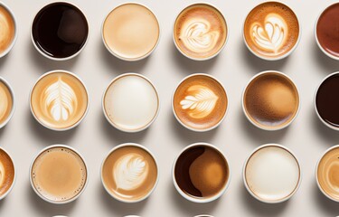 A diverse selection of coffee cups with intricate milk foam art captured from above