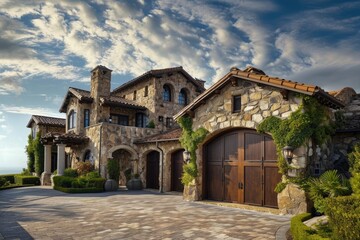 Architectural Beauty: Country House Design with Stone Garage, Summer Sky and Flower Lawn