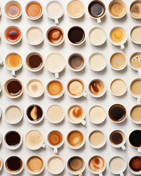 Top-down view of numerous coffee cups featuring various shades and textures of coffee © Glittering Humanity