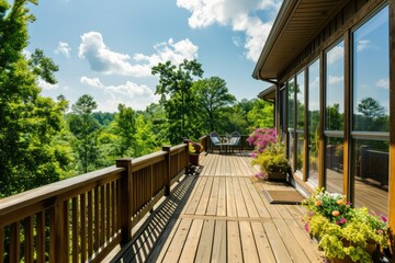 Fototapeta na wymiar Sweeping Backyard Deck with Wooden Railings and City View