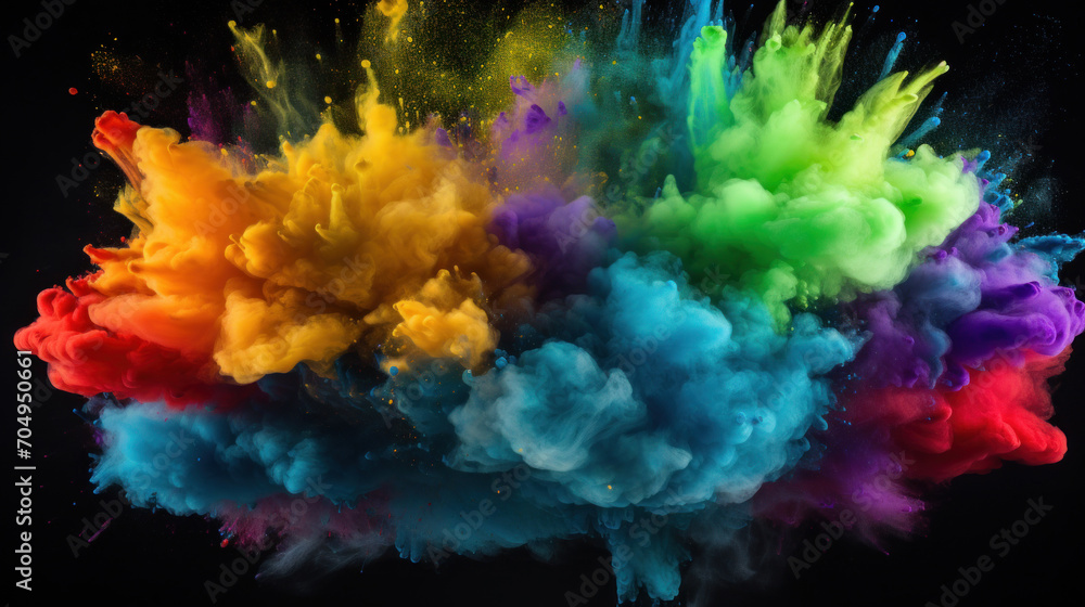 Poster vibrant explosion of multicolored powder dust against a stark black background, creating a dynamic e