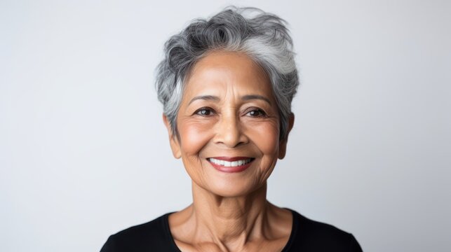  close-up photo portrait featuring a beautiful elderly senior model woman with grey hair, laughing and smiling, highlighting her clean teeth. Isolated on a white background, this image is ideal for a 