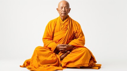 
An image featuring a serene bald Buddhist monk adorned in an orange robe, seated in the lotus pose.