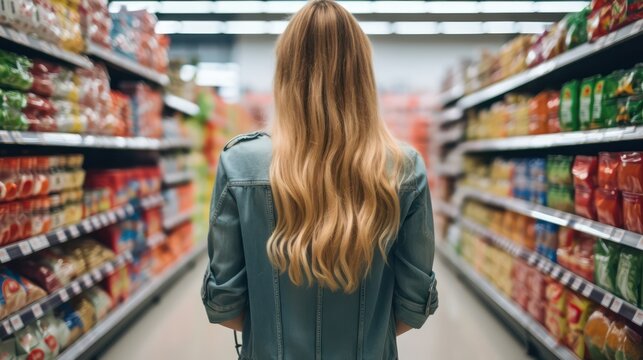 
An image of a gorgeous young American woman navigating a supermarket, carefully selecting and purchasing groceries and food items