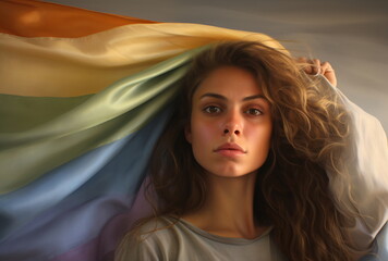 A young woman holds a rainbow flag - Powered by Adobe