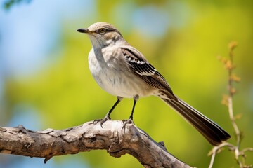 Fototapeta premium Mocking bird sitting on a tree branch in a sunny day