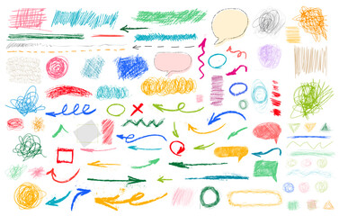 Charcoal pencil curly lines, squiggles and shapes set. Grunge pen scribbles. Hand drawn pencil lines, doodles. Bright color charcoal or chalk drawing. Vector rough crayon strokes. Ink color splatters.