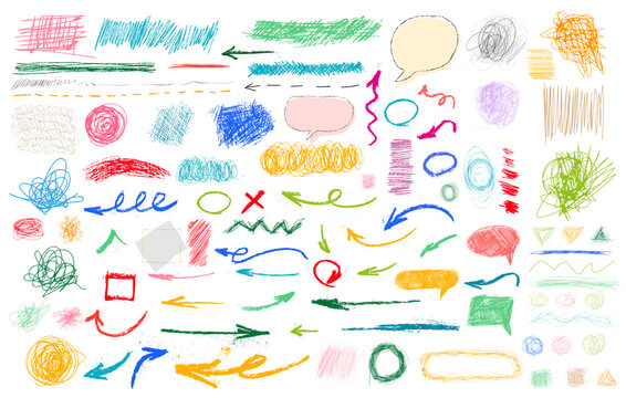 Charcoal pencil curly lines, squiggles and shapes set. Grunge pen scribbles. Hand drawn pencil lines, doodles. Bright color charcoal or chalk drawing. Vector rough crayon strokes. Ink color splatters.