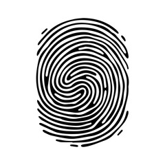 Fingerprint pattern, clear lines and swirls. Human thumbprint. Icon, pictogram, logo. Black and white illustration. Vector isolated on a white background. Security concept.